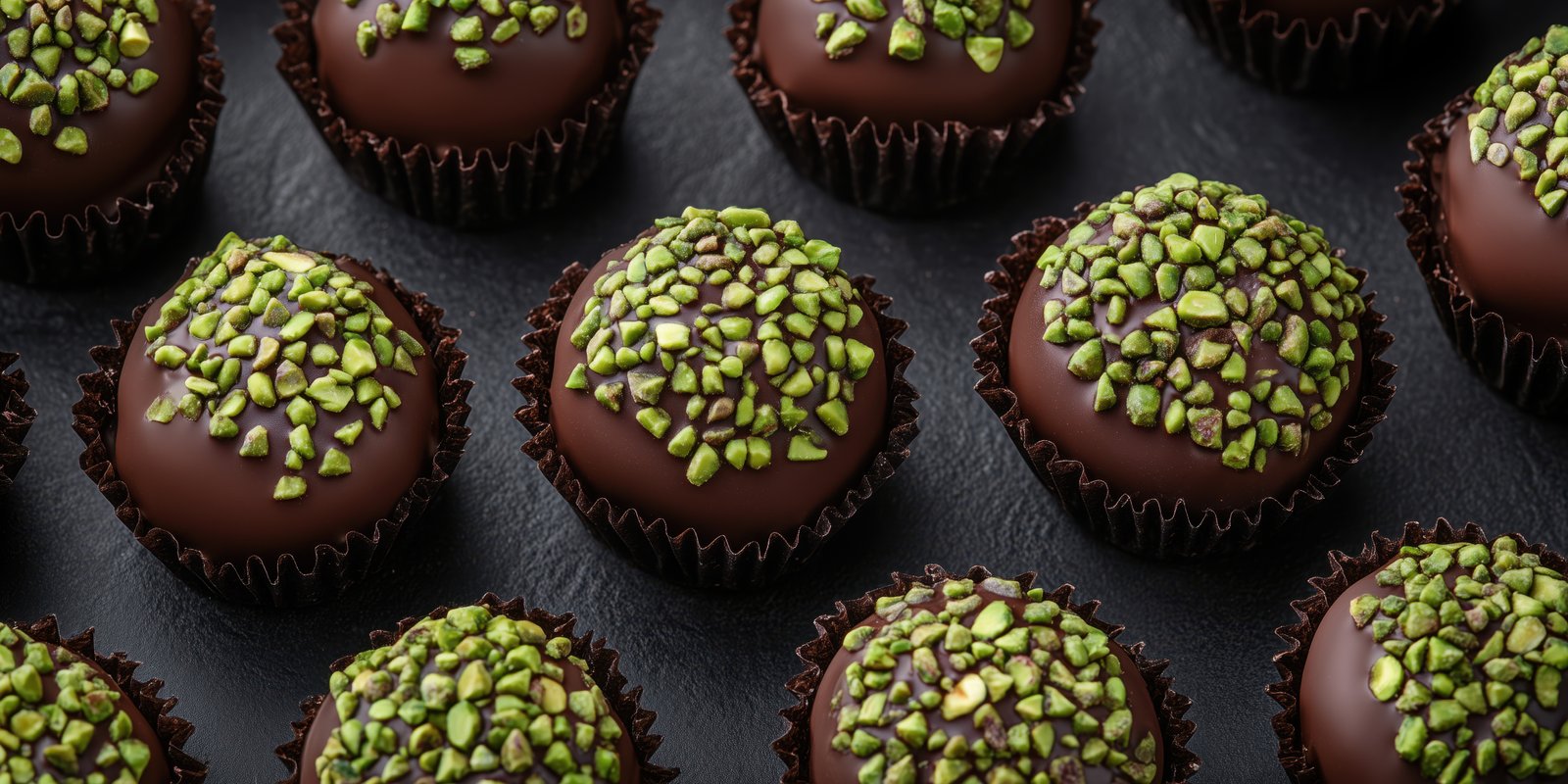 Delicious chocolate truffles topped with crushed pistachios displayed neatly on a dark surface